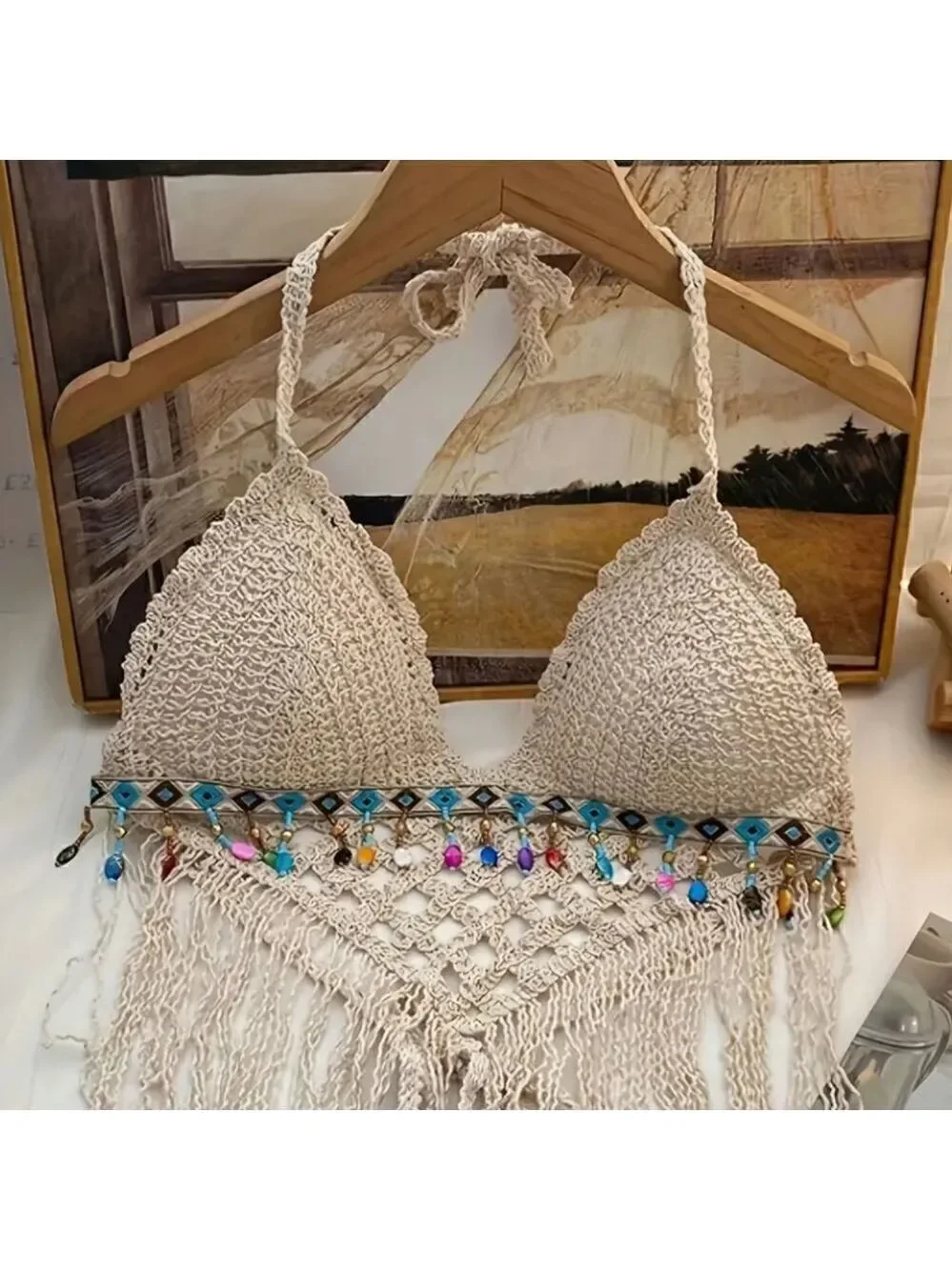 Crochet Halter Bra with Cropped Tassel Hem Summer Sleeveless Casual Top - Picture 6 of 8